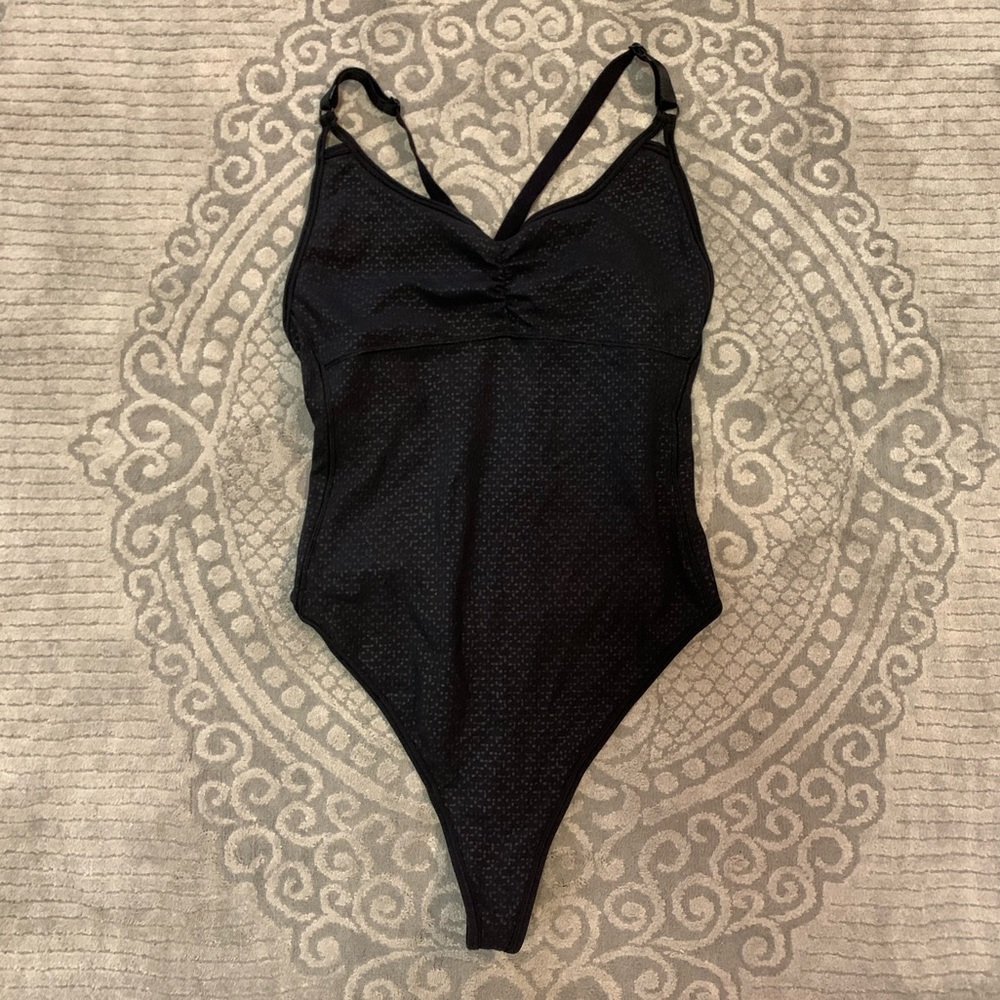 Lululemon Cross Back Ruched Black Bodysuit, Size 2